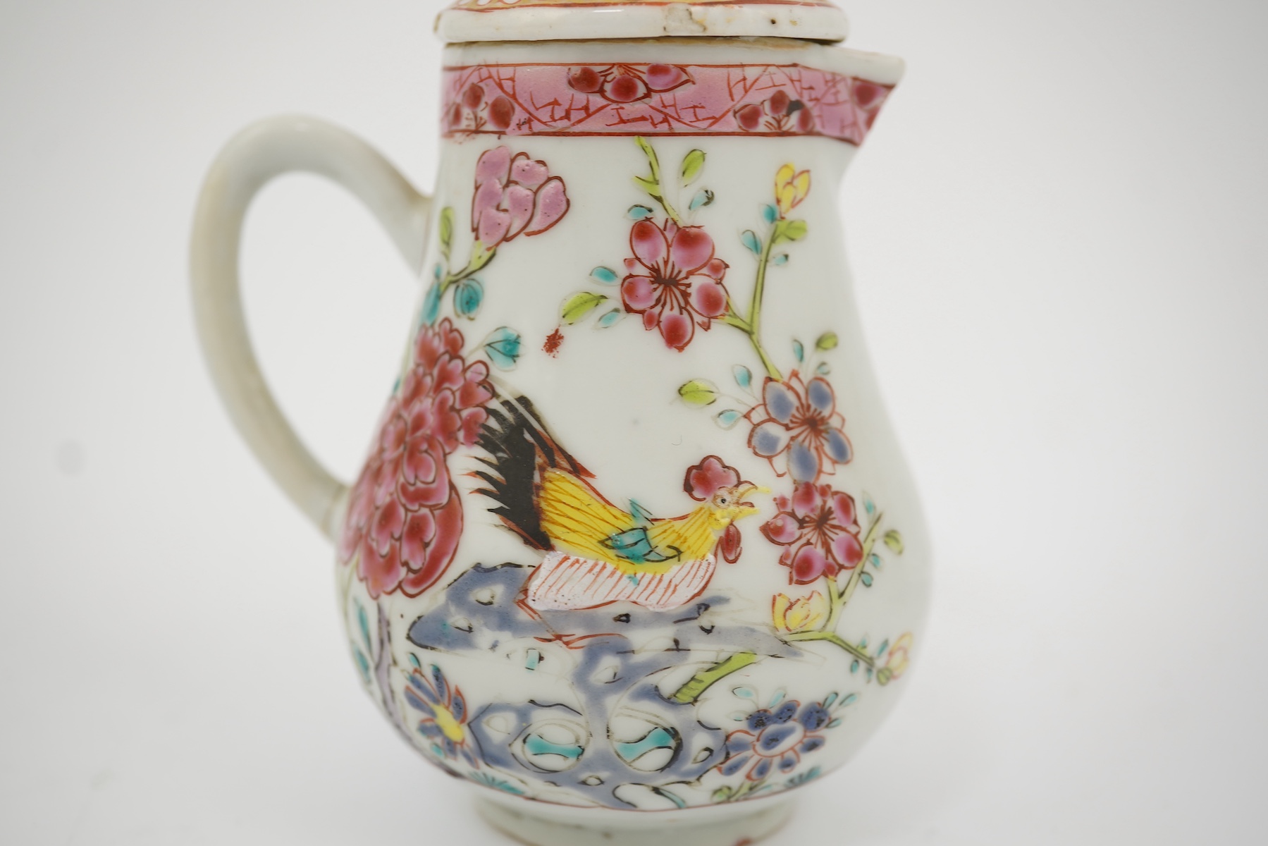A Chinese famille rose ‘cockerel’ cream jug and cover, Yongzheng period